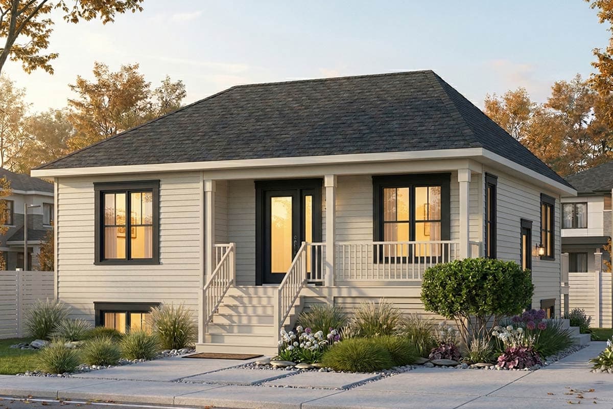 House plan exterior: One-story cottage style with a covered front porch, central entry, and white railings.