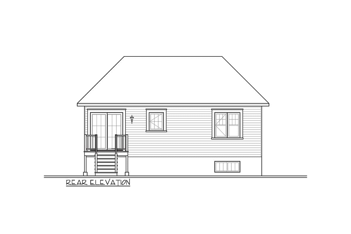 Rear elevation of a house plan featuring a sliding glass door with stairs, two upper windows, and a small basement window.