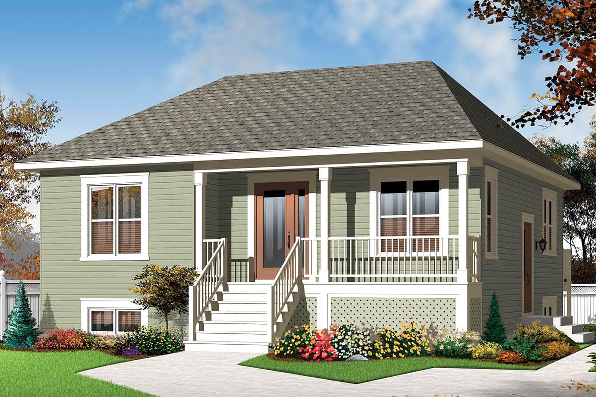 House plan exterior: One-story cottage style with a covered front porch, central entry, and white railings.