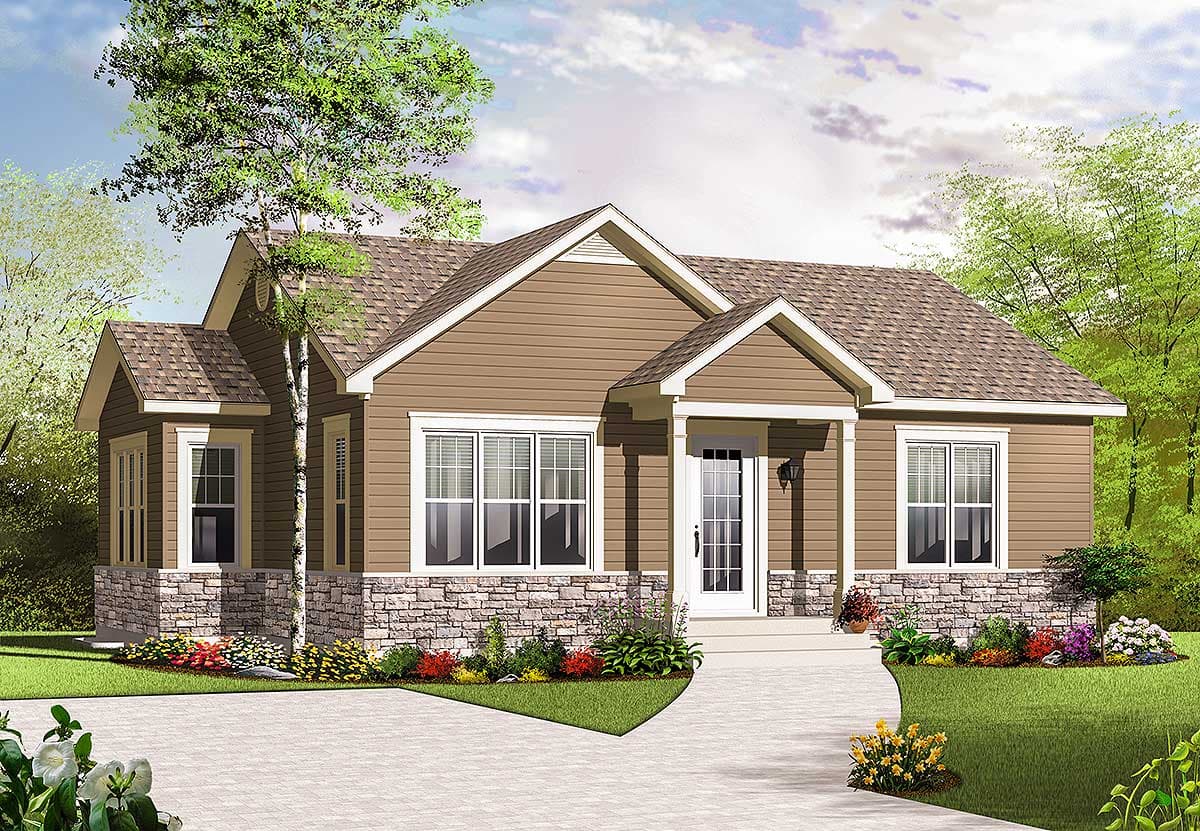 House plan exterior: Single-story home with stone base, prominent gables, and covered front entry.