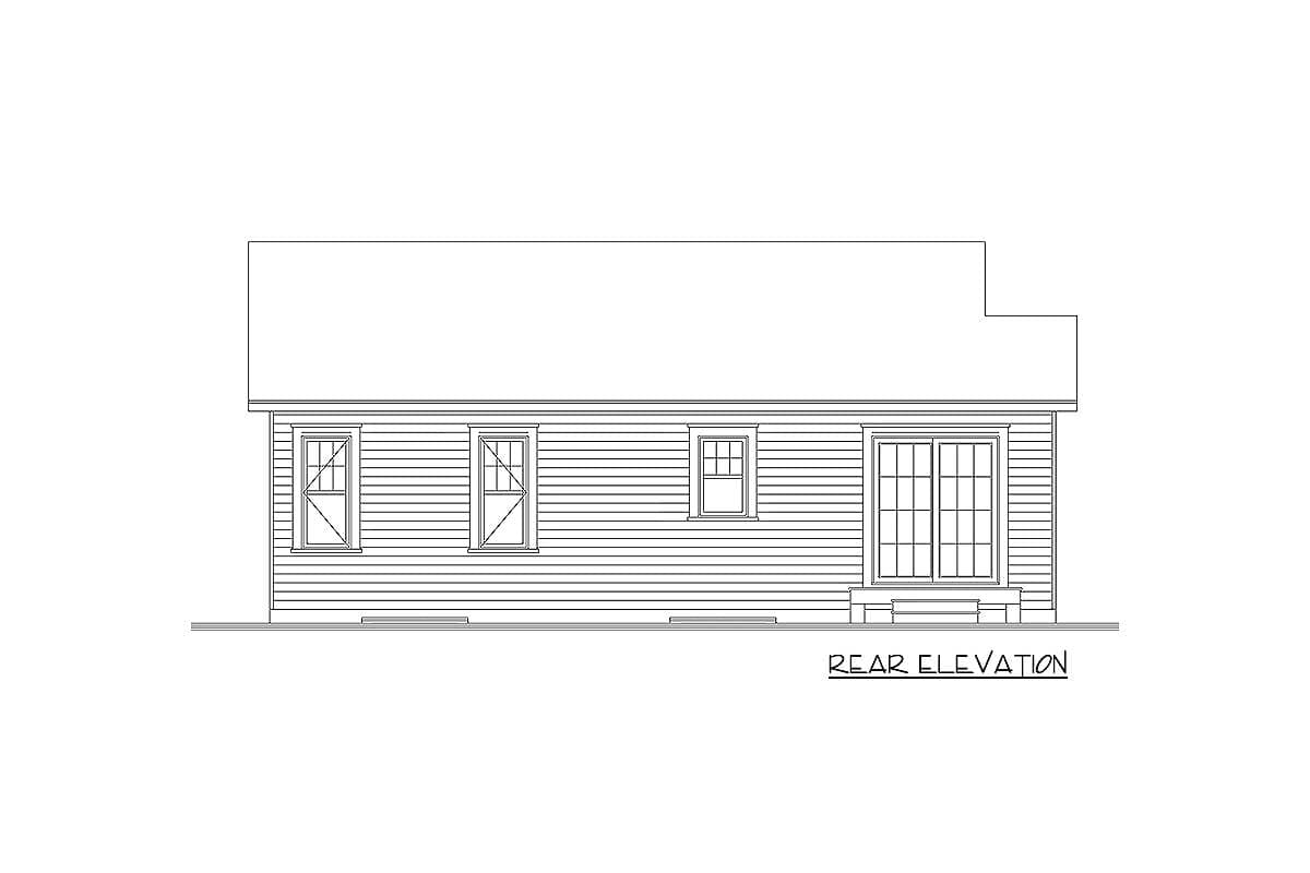 Rear elevation drawing showing horizontal siding, two casement windows, and French doors.