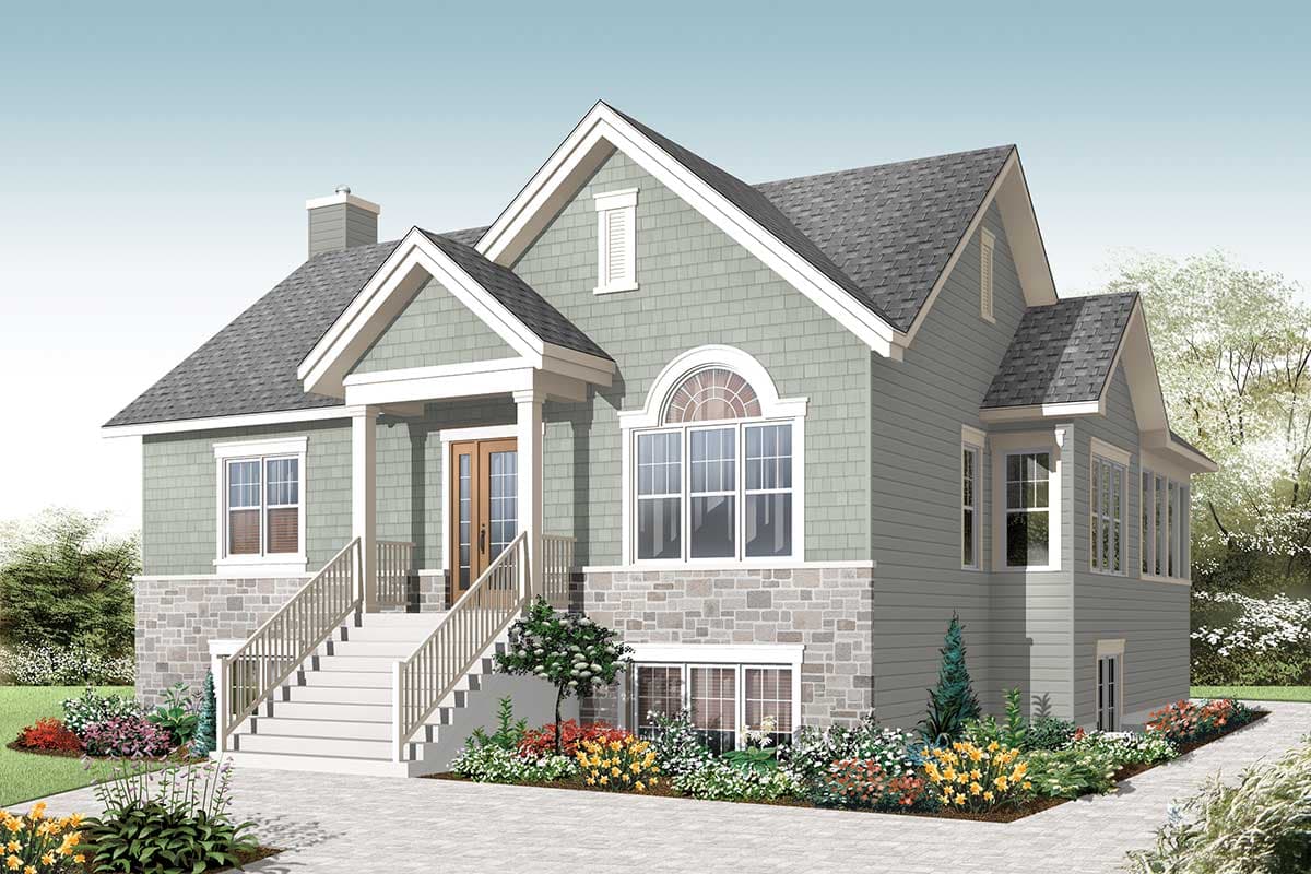 House plan exterior with a two-story facade, stone base, arched window, covered porch with double doors, and gabled rooflines.