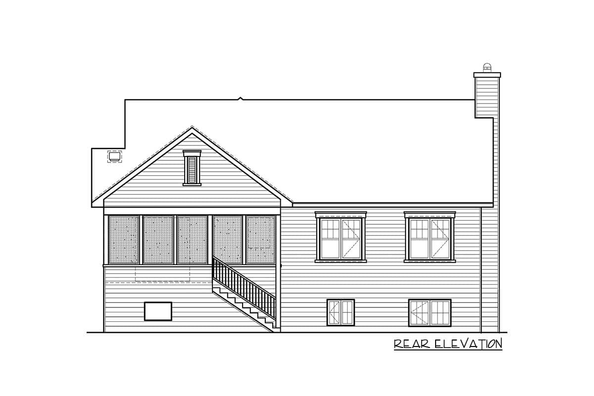 Rear elevation drawing of a house plan showing a gabled dormer, screened porch, and chimney.