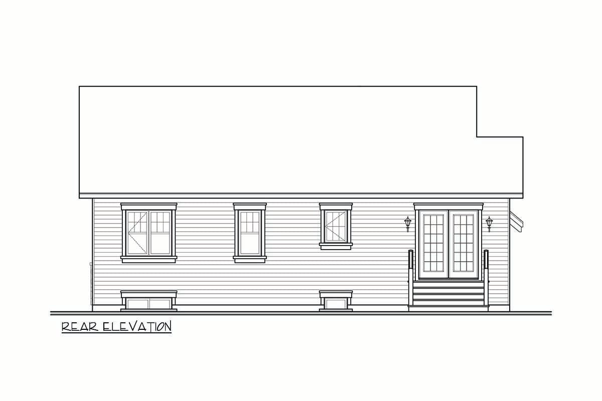 Rear elevation of a house plan featuring double doors with steps, multiple windows, and gabled roofline.