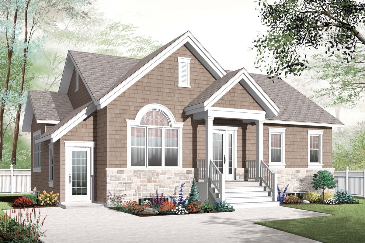House plan exterior: Craftsman style, one-story, with stone foundation, shingled siding, gabled dormers, and covered entry porch.
