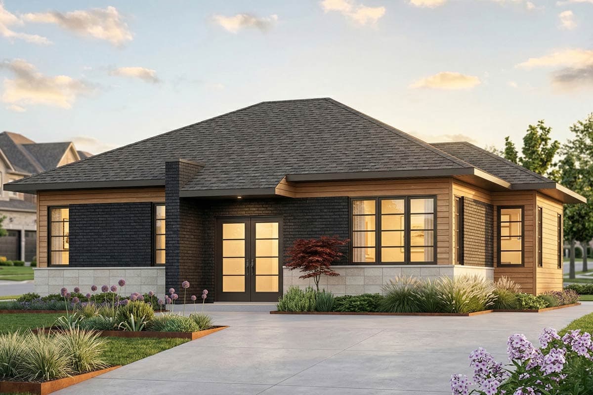 House plan exterior: Single-story home with brick and vinyl siding, a covered entryway, gabled roof, and large windows.