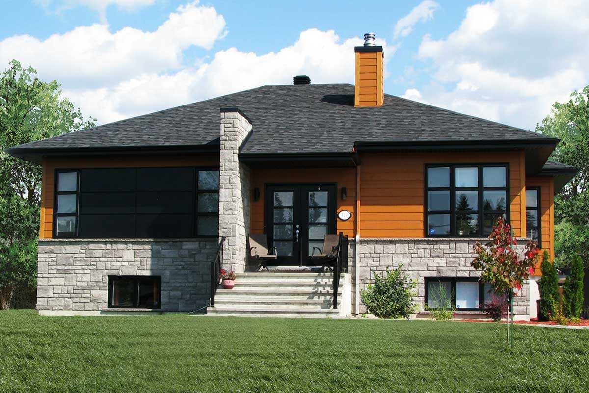 House plan exterior with stone and wood siding, prominent chimney, double entry doors, and multiple window styles.