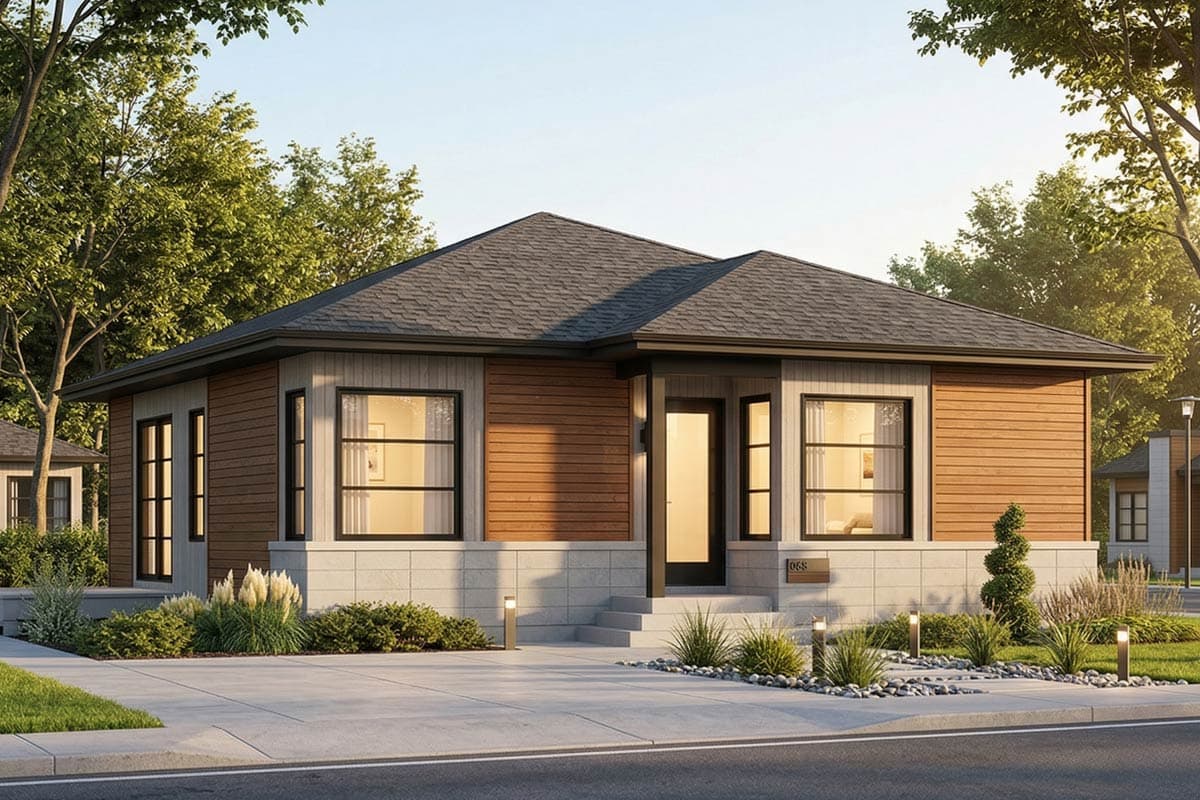 House plan exterior: single-story modern home with wood and stone facade, wide windows, and a covered entryway.