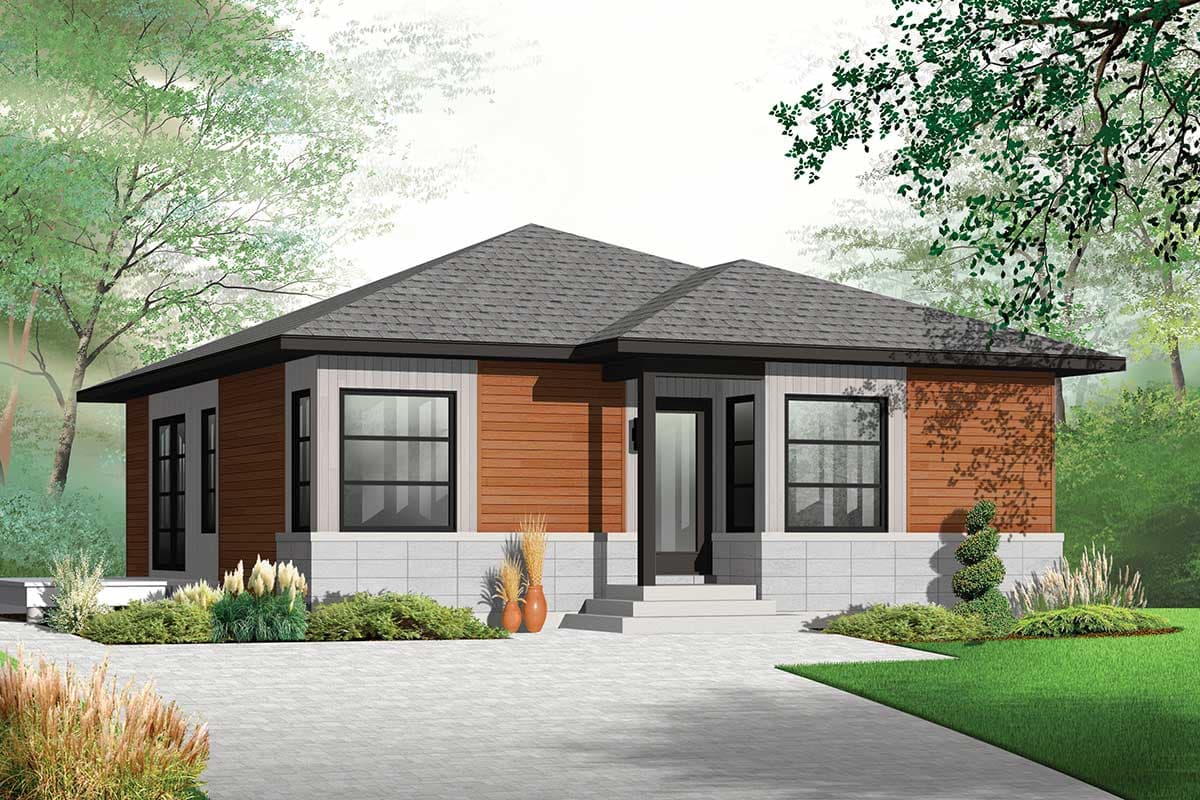 House plan exterior: Modern style, one story, with horizontal siding, stone base, and prominent roof overhangs.