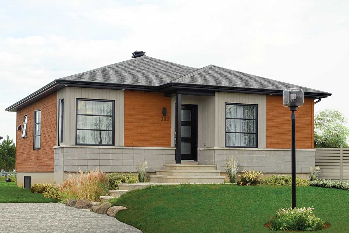 House plan exterior: single-story modern home with wood and stone facade, wide windows, and a covered entryway.