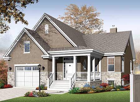 House plan exterior: Two-story home with prominent front gables, covered front porch, and a side-entry garage.