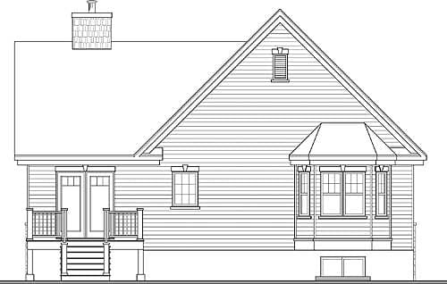 House plan side elevation: Features a steep gable roof, chimney, front porch with stairs, and bay window.
