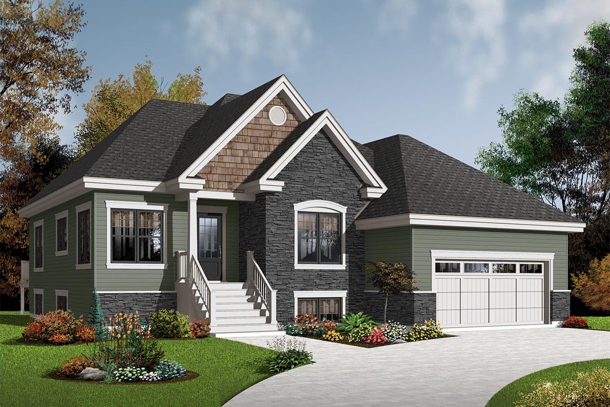 House plan exterior: Two-story home with stone accents, gables, wood shingle details, covered entry porch, and attached garage.