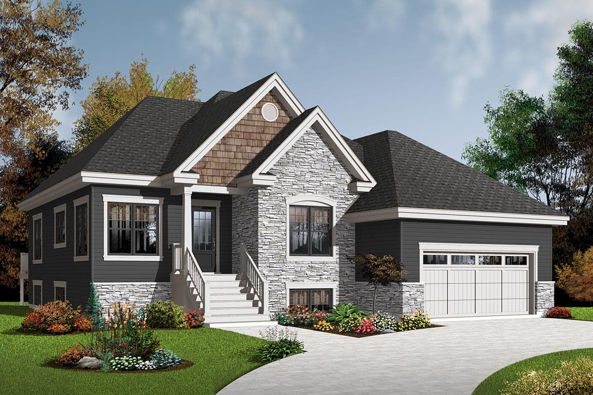 House plan exterior with stone and siding facade, gabled roof, front porch, and attached two-car garage.