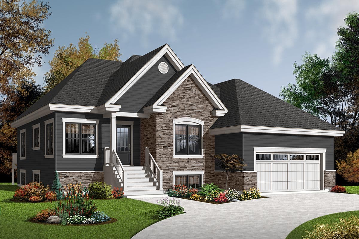 House plan exterior: Modern style, two stories, stone accents, prominent gables, and attached garage.