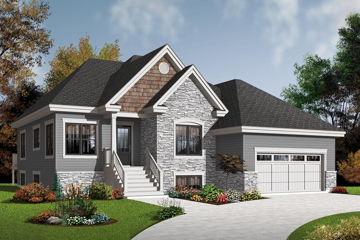 House plan exterior: Two-story Modern Farmhouse with stone accents, front-facing garage, porch, and multiple gables.
