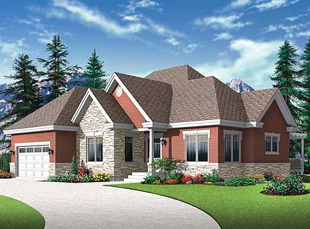 House plan exterior of a one-story home with a side-entry garage, stone accents, and multiple gables.
