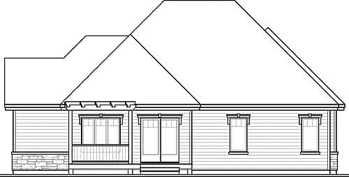House plan exterior drawing featuring a prominent gable roofline, covered porch with stone accents, and multiple windows.