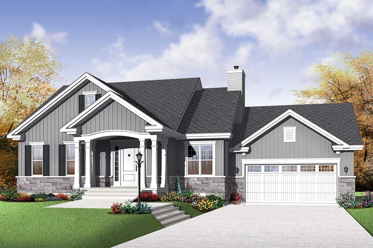 House plan exterior. Ranch style with a front porch with columns, gables, a stone facade, and attached two-car garage.