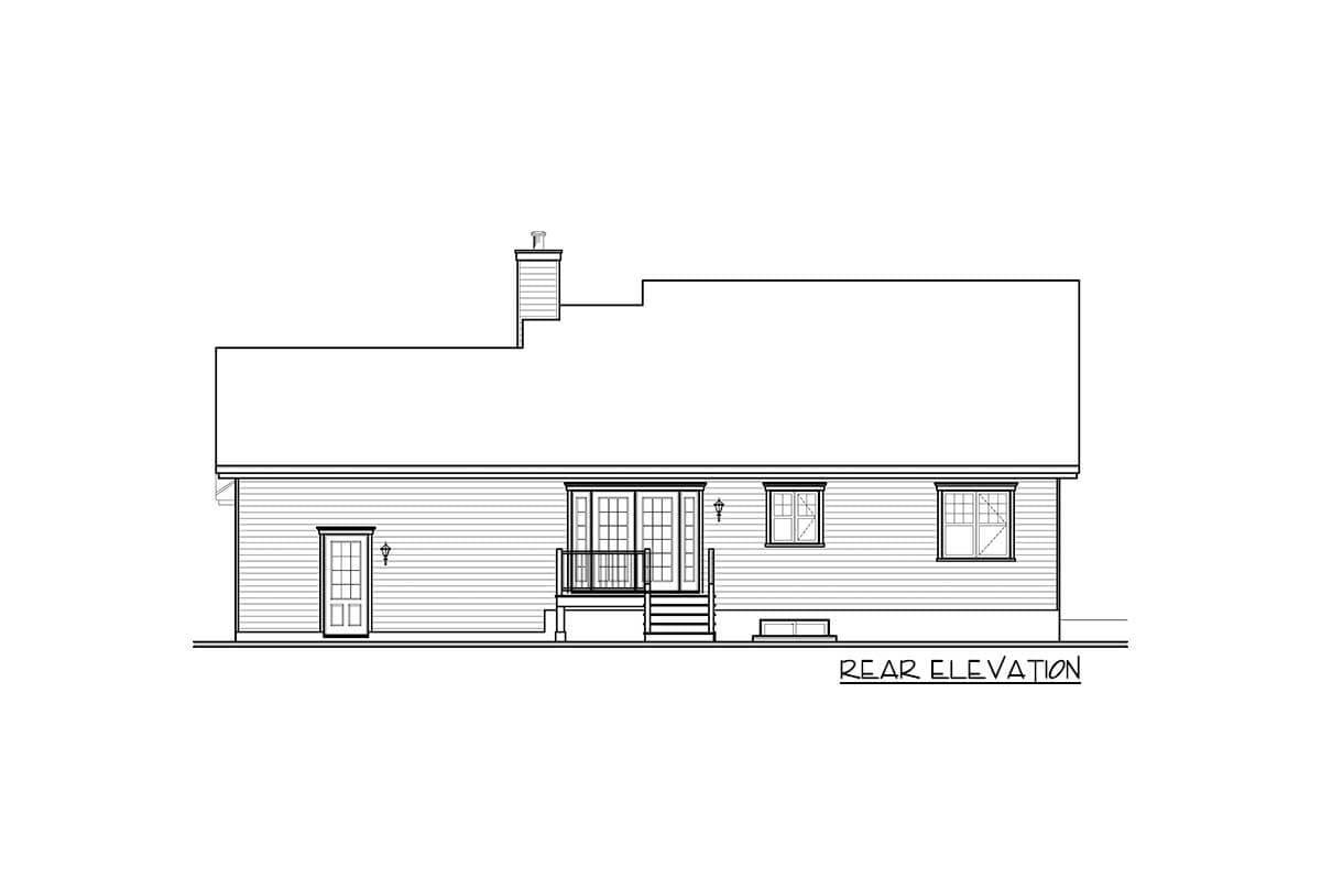 Rear elevation drawing of a house plan featuring a back door, double glass doors with railing, multiple windows, and a chimney.