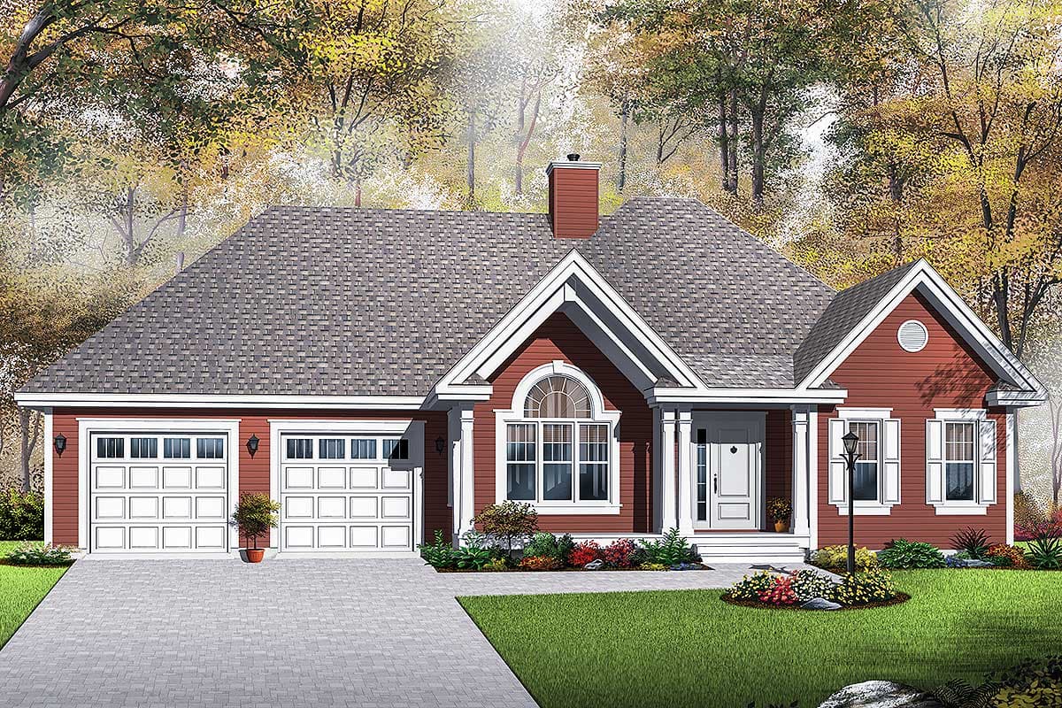 House plan exterior: Ranch style, one-story, with a three-car garage, prominent gable with arched window, and covered entry.