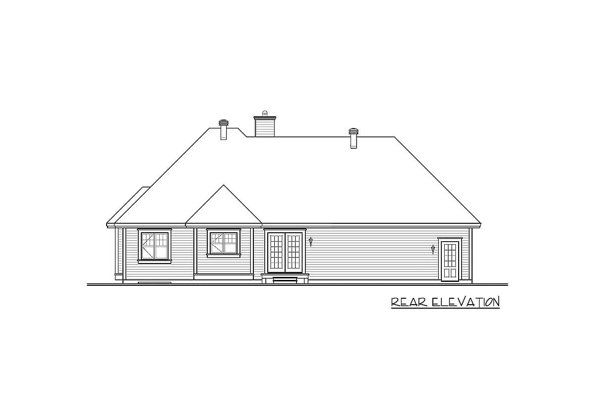 Rear elevation drawing of a single-story house plan with double doors, two windows, a gabled dormer, and two chimneys.