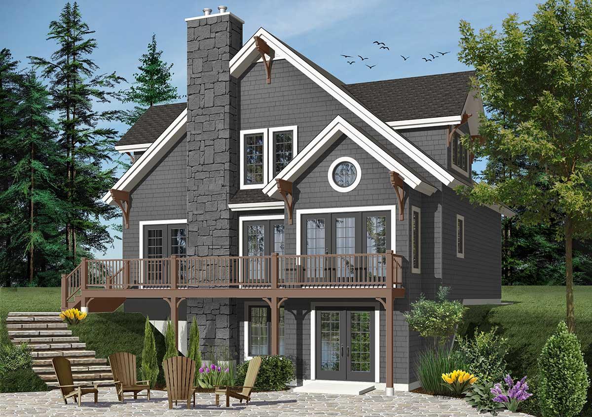 House plan exterior with stone chimney, gables, deck, and multiple French doors. Two stories visible.