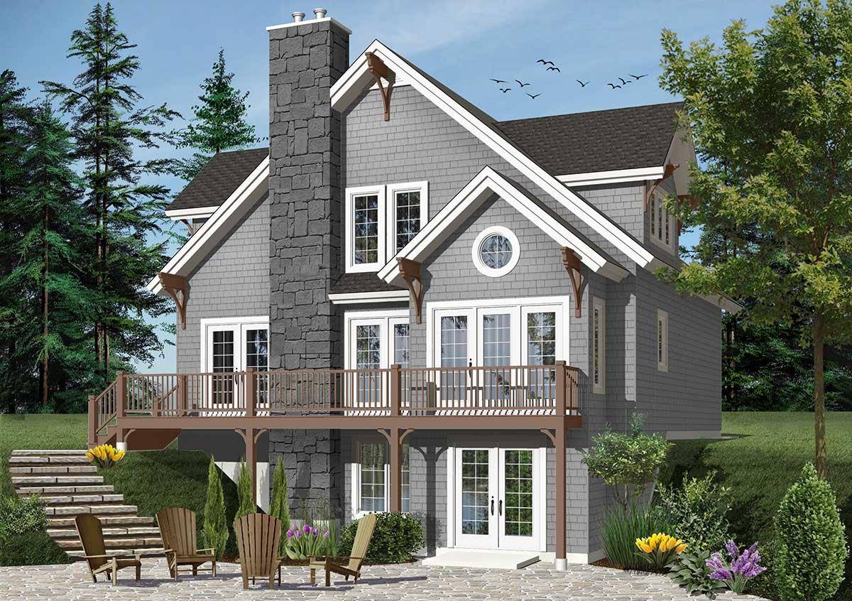 House plan exterior: Two-story home with gray shingles, stone chimney, gabled dormers, circular window, and wrap-around deck.