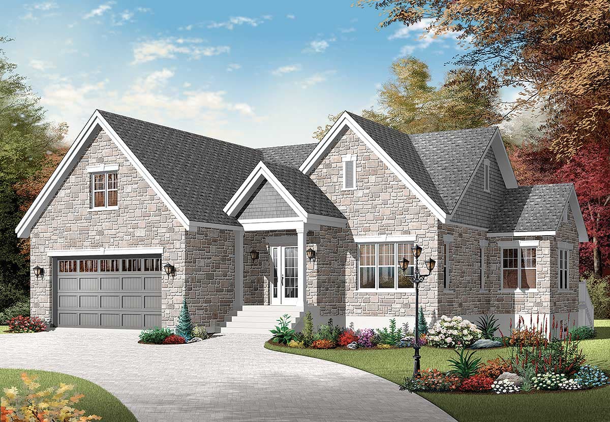 House plan exterior of a two-story home with stone siding, gabled roof, and attached garage.