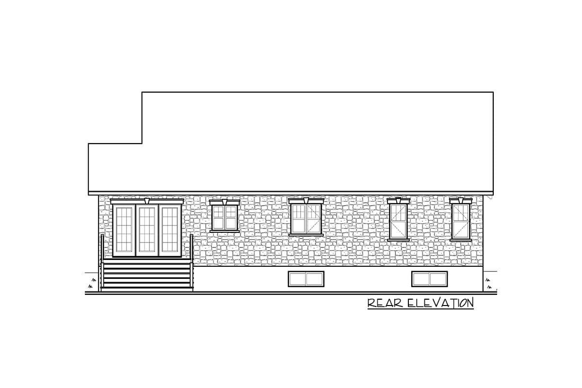 Rear elevation drawing of a house plan with stone exterior, double doors, and multiple windows.