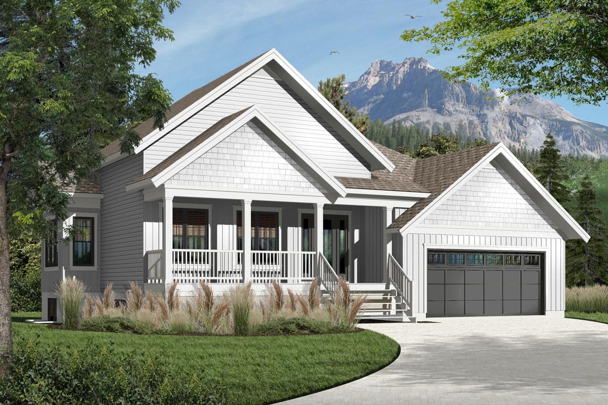 House plan exterior: Modern Farmhouse style, one story, with front porch, gables, and attached garage.