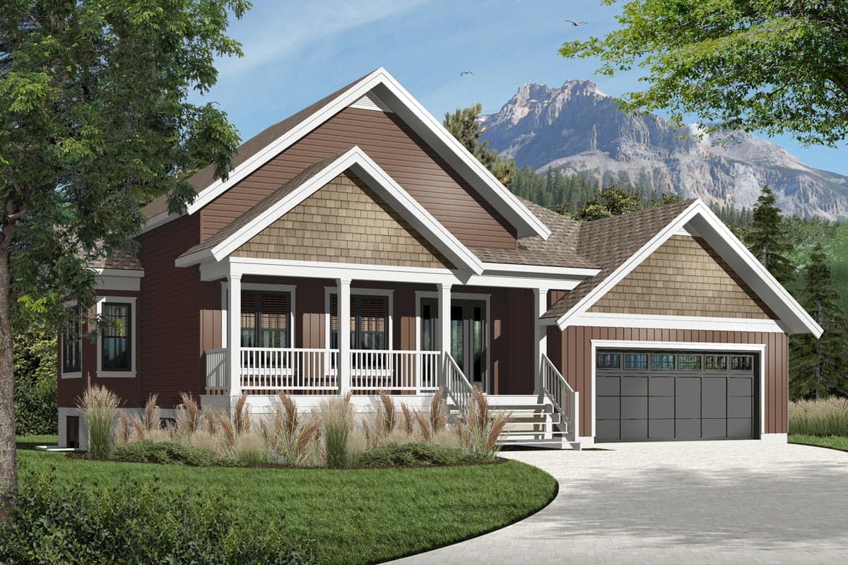 House plan exterior: Single-story home with a full-width covered porch, prominent gables, and an attached two-car garage.