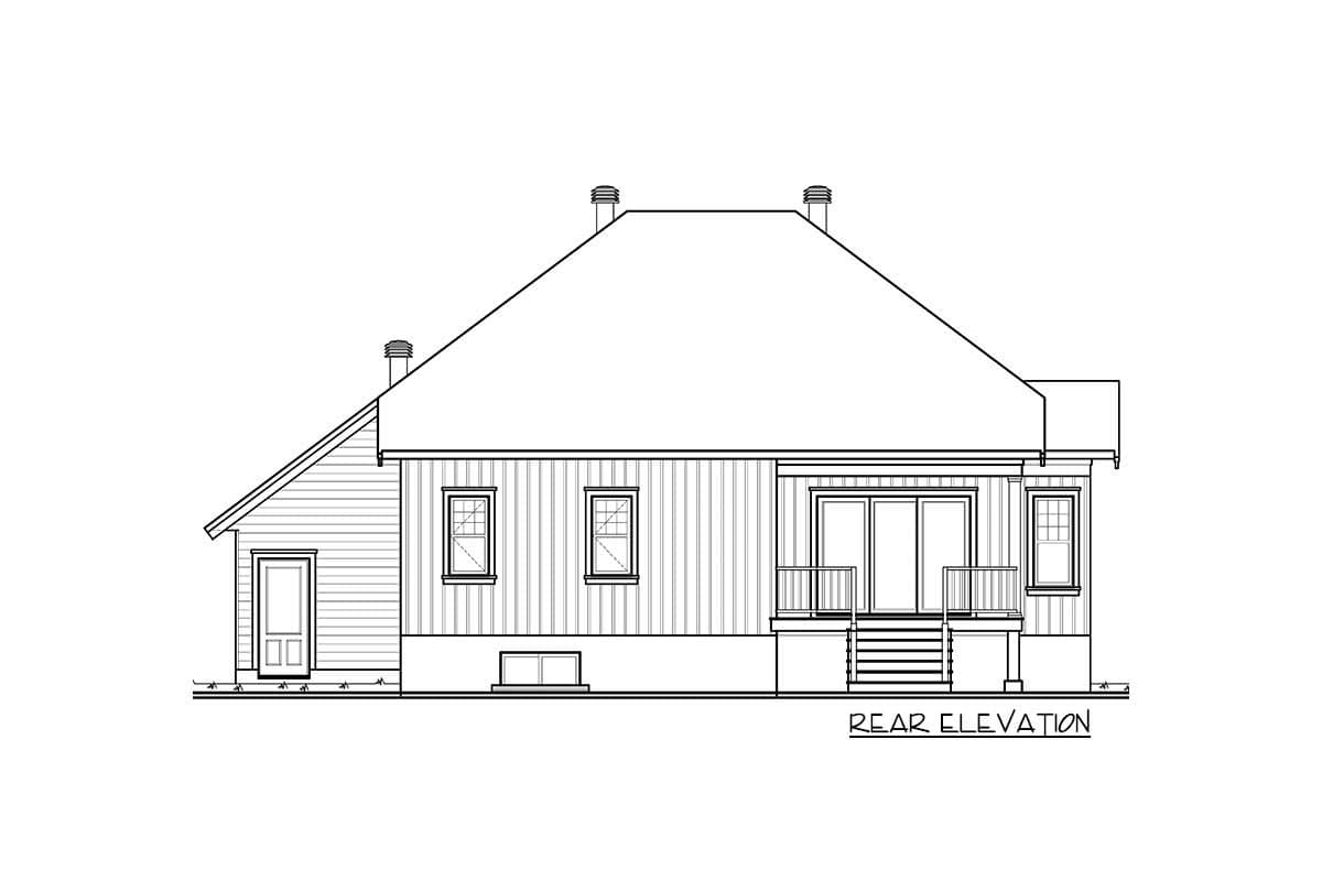Rear elevation of a house plan showing a sloped roof with two chimneys, siding, two windows, a door, and a rear deck with stairs.