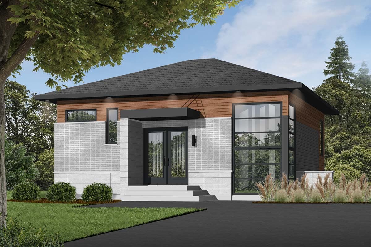 Modern house plan exterior with stone and wood siding, covered entry with double doors, and large multi-pane windows.