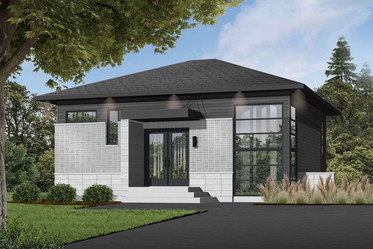 Modern house plan exterior, one story, featuring a cantilevered awning over double doors, mixed materials, and a large vertical window.