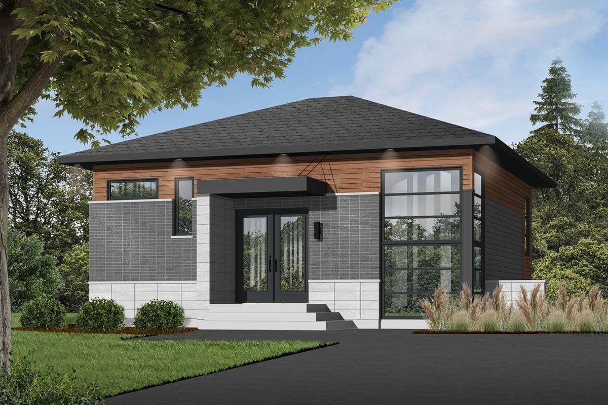 House plan exterior. Modern style with flat roof. Features include brick facade, wood siding, and large glass windows.