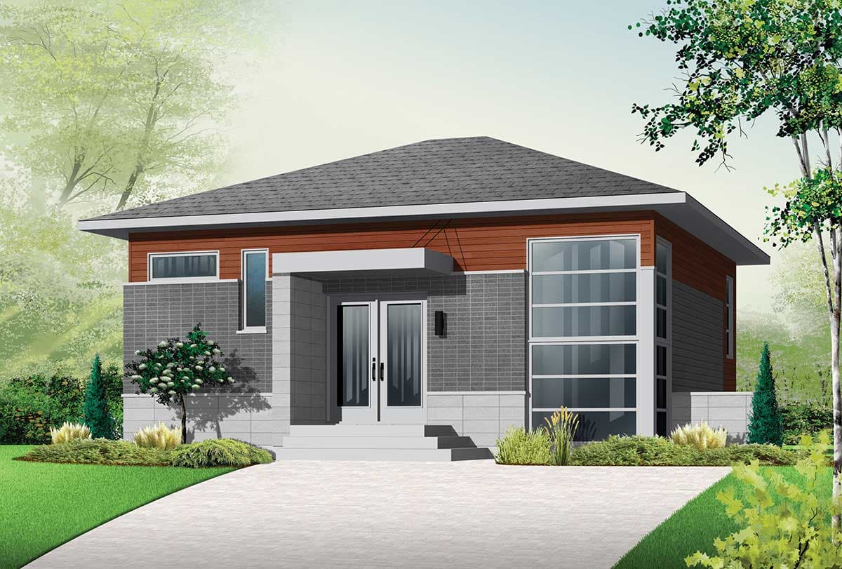 House plan exterior: Modern single-story with wood siding, stone veneer, double glass doors, and a cantilevered entry canopy.