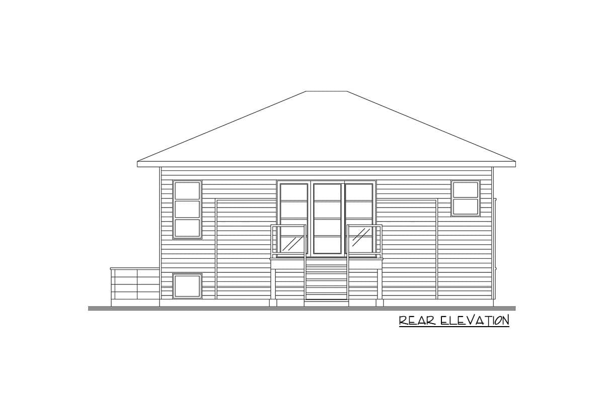 Rear elevation drawing of a house with a hip roof, sliding glass doors, and horizontal siding.