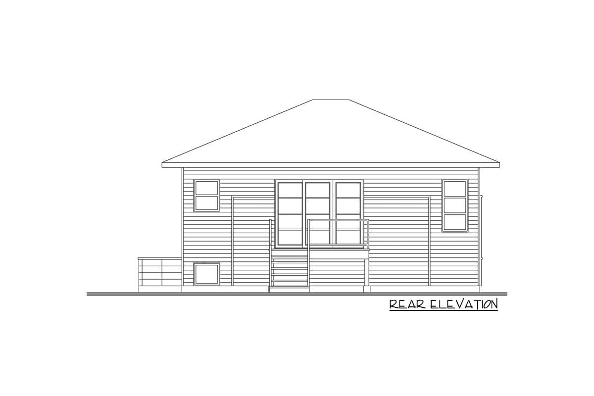 Rear elevation drawing of a house plan, featuring horizontal siding, a hip roof, double doors with windows, and a small porch with railing.