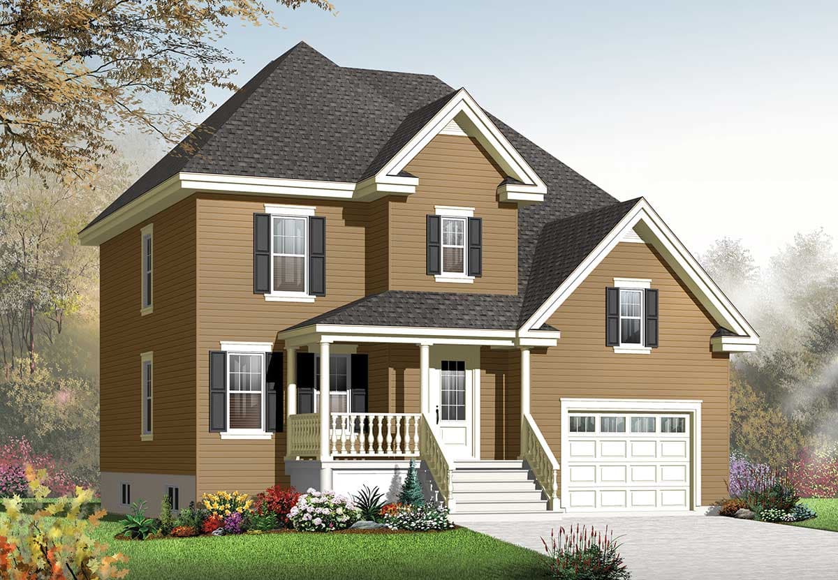 House plan exterior: two-story home with prominent front porch, gables, and attached garage.