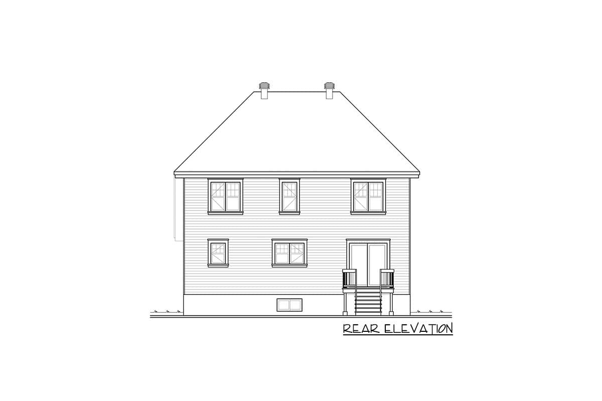 Rear elevation drawing of a two-story house with a hip roof, multiple windows, and a rear entrance with stairs.