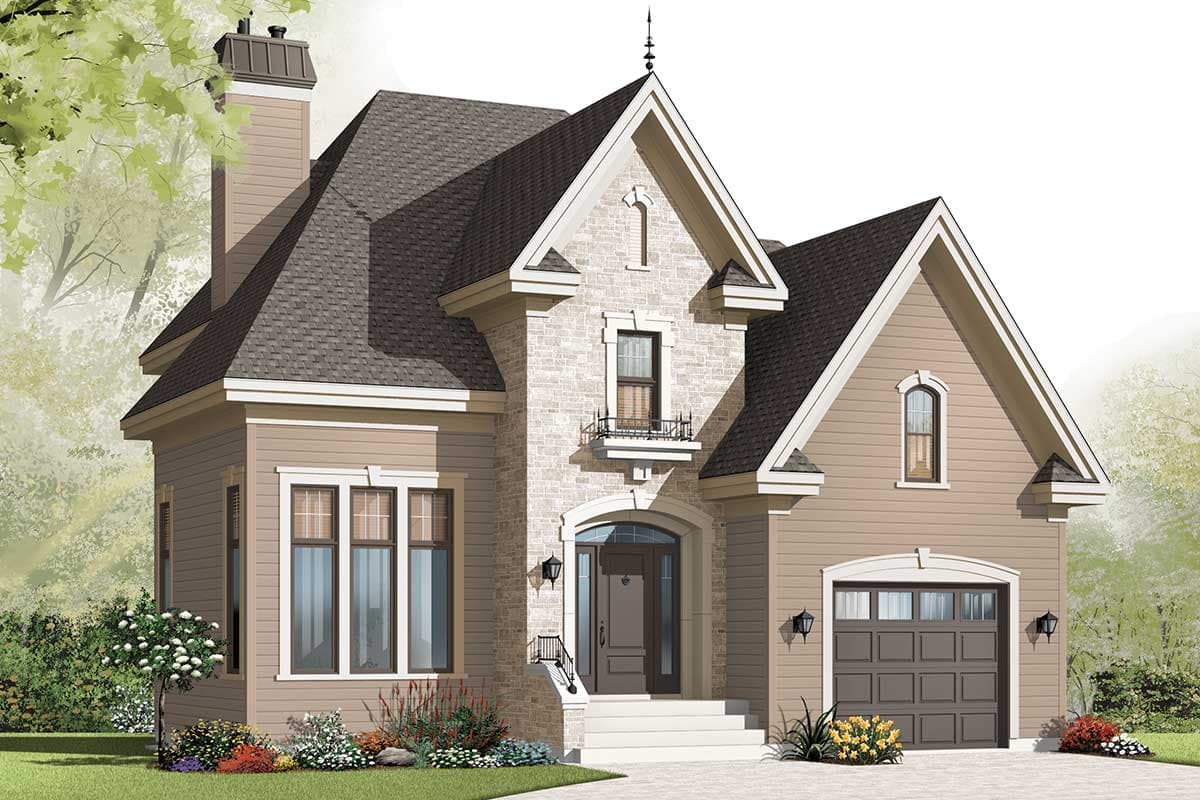 House plan exterior: Two-story home with stone accents, dormer, gabled roof, and attached garage.