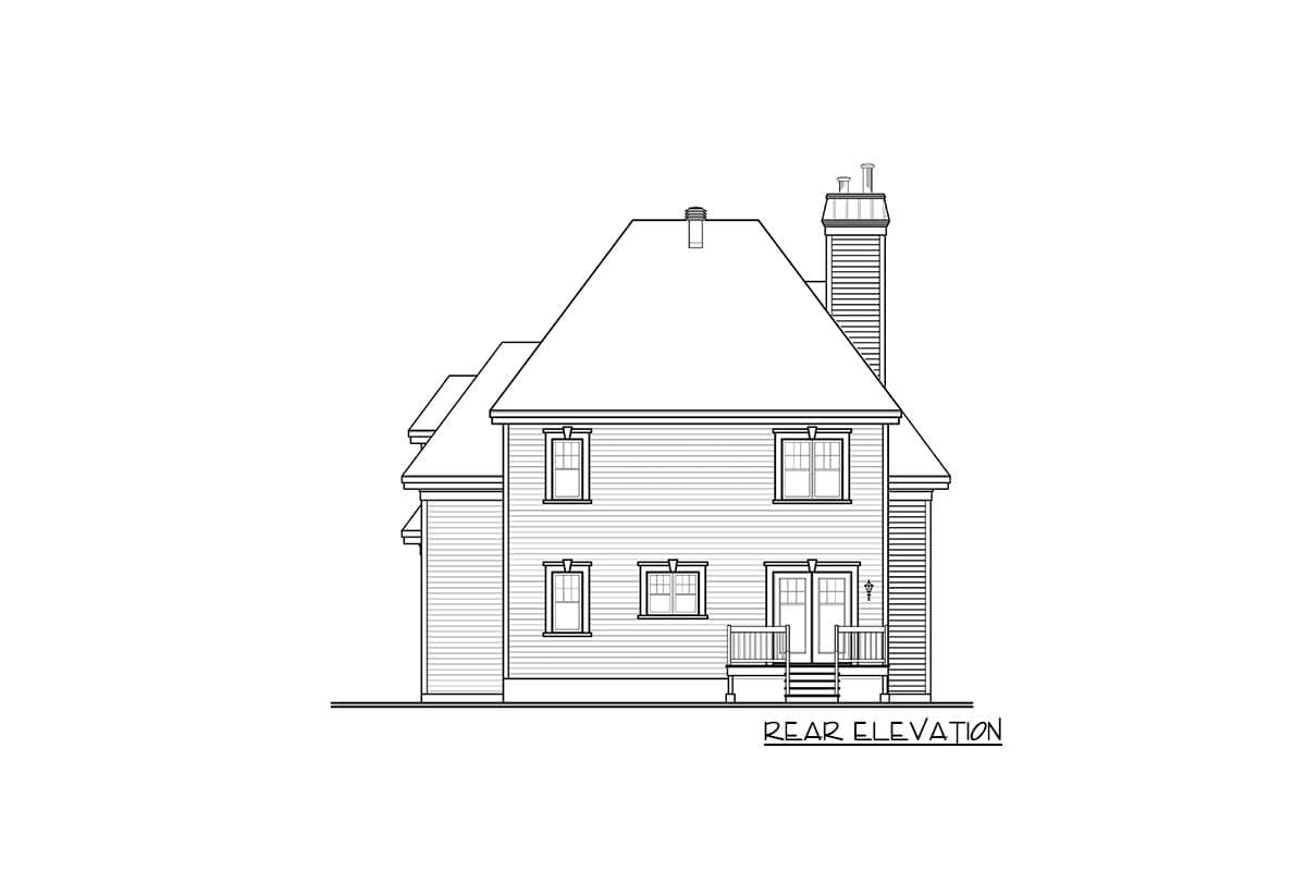 Rear elevation house plan showing a two-story structure with a prominent gable roof, side dormers, double doors with deck, and a large chimney.