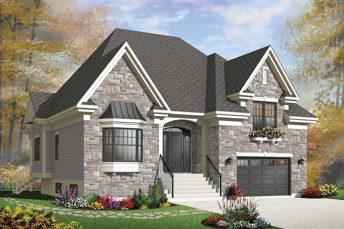 House plan exterior shows a two-story home with stone facade, prominent gables, bay window, and attached garage.