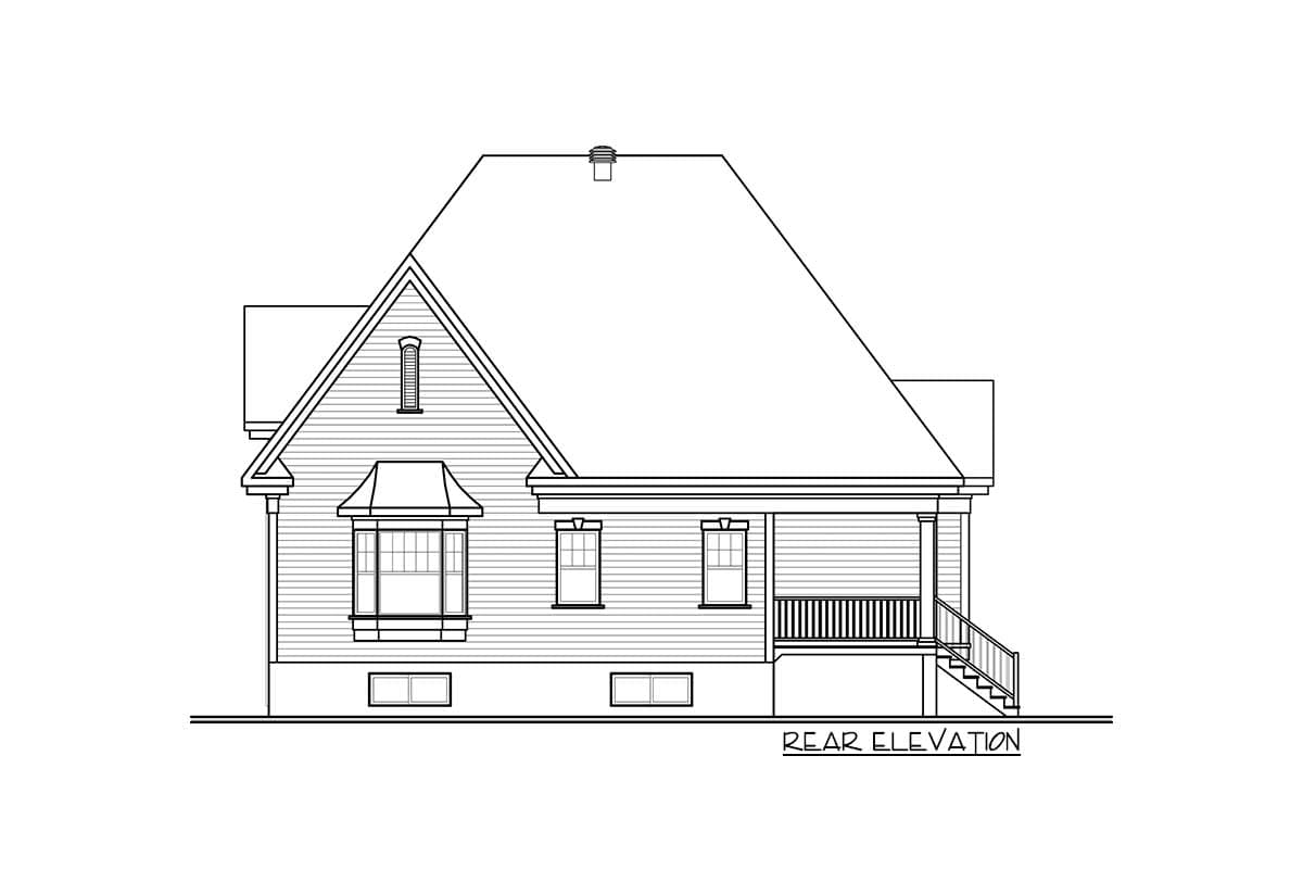 Rear elevation drawing of a house plan featuring a bay window, dormer, porch with railings, and a prominent roofline.