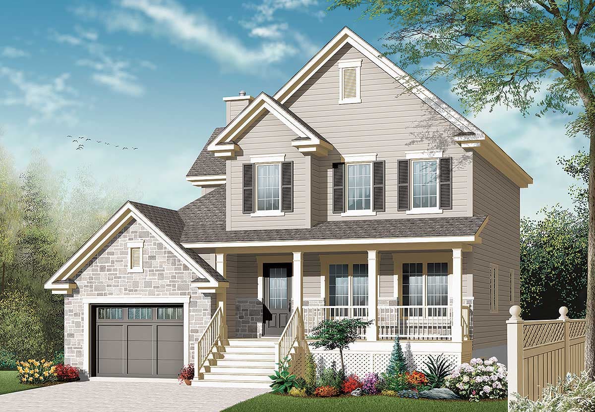 Two-story house plan exterior with side-entry garage, stone accents, gabled dormer, and covered front porch with turned balusters.