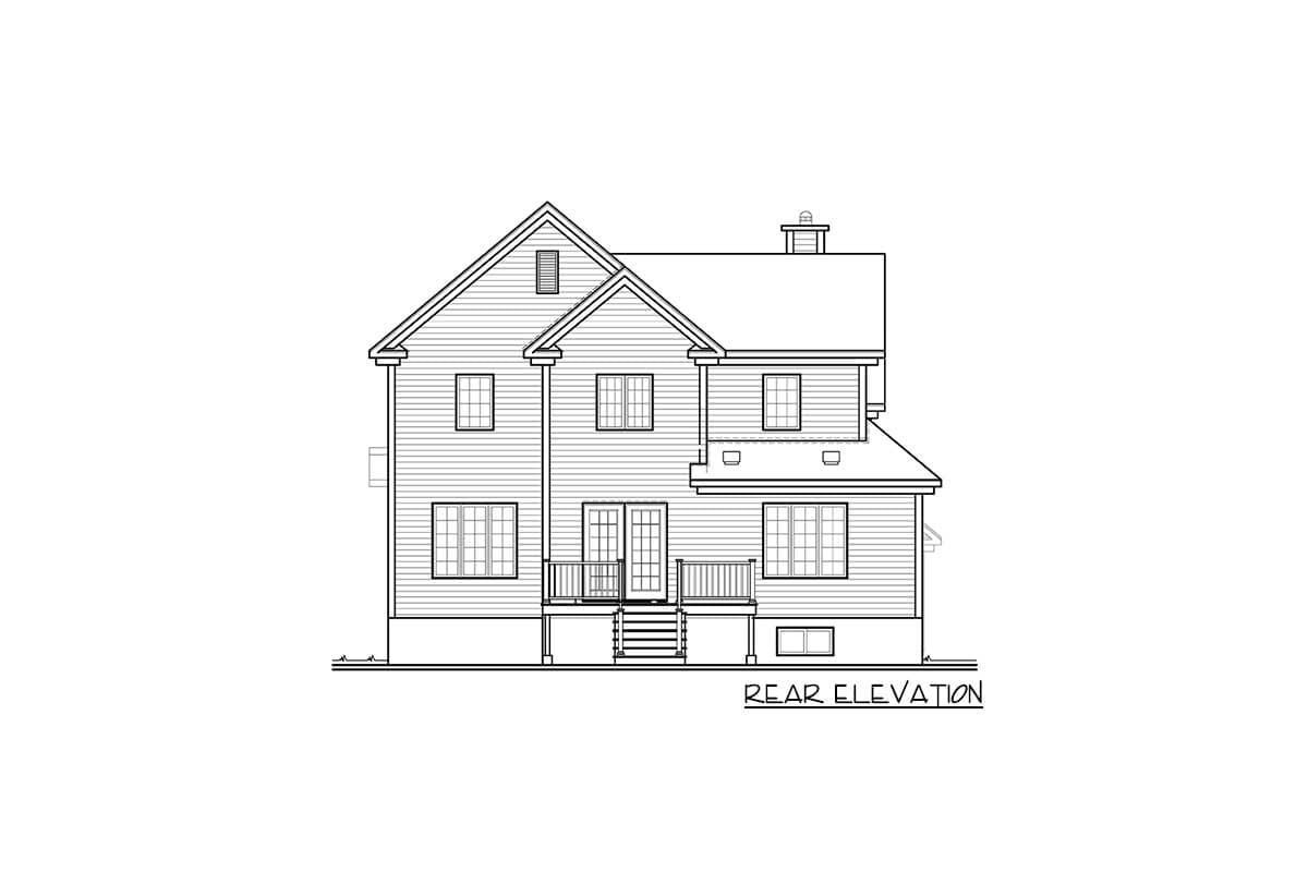 Rear elevation drawing of a two-story house plan with a prominent gable, double doors, and multiple windows.
