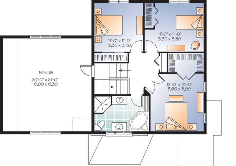 Plan 21989DR: 3-Bed House Plan with Bonus Space Above Garage - Floor Plan - 2nd Floor - Traditional