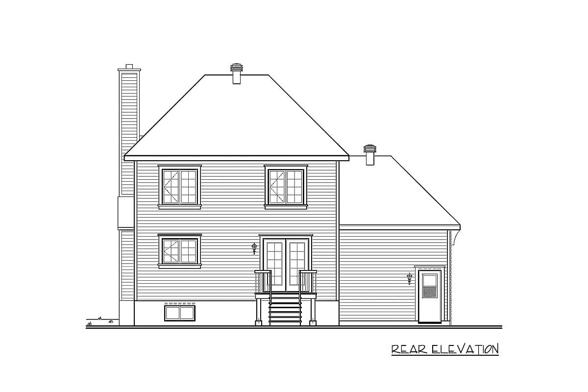 Rear elevation drawing of a two-story house with clapboard siding, double doors, a chimney, and multiple windows.