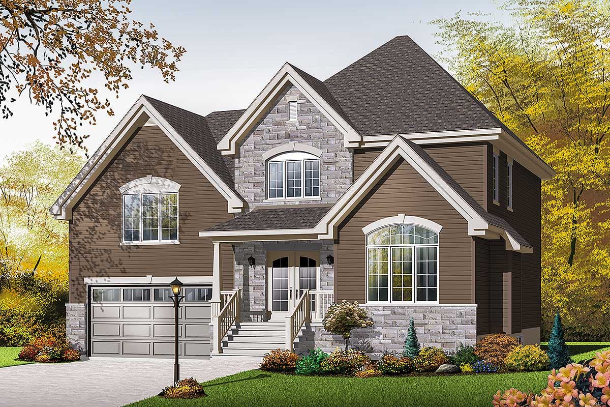 House plan exterior: Two-story home with stacked stone accents, prominent gables, arched windows, and a side-entry garage.